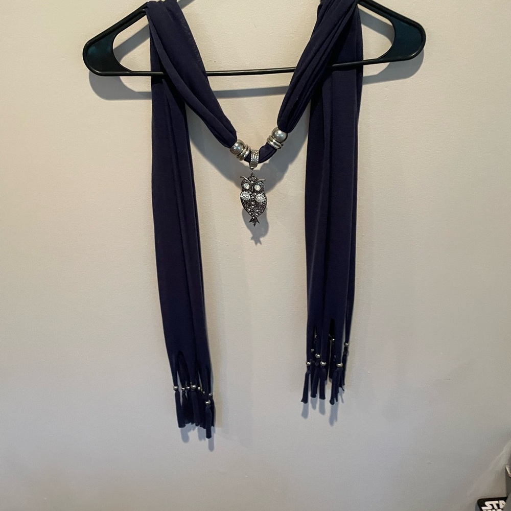 Navy Scarf with Silver Owl Pendant